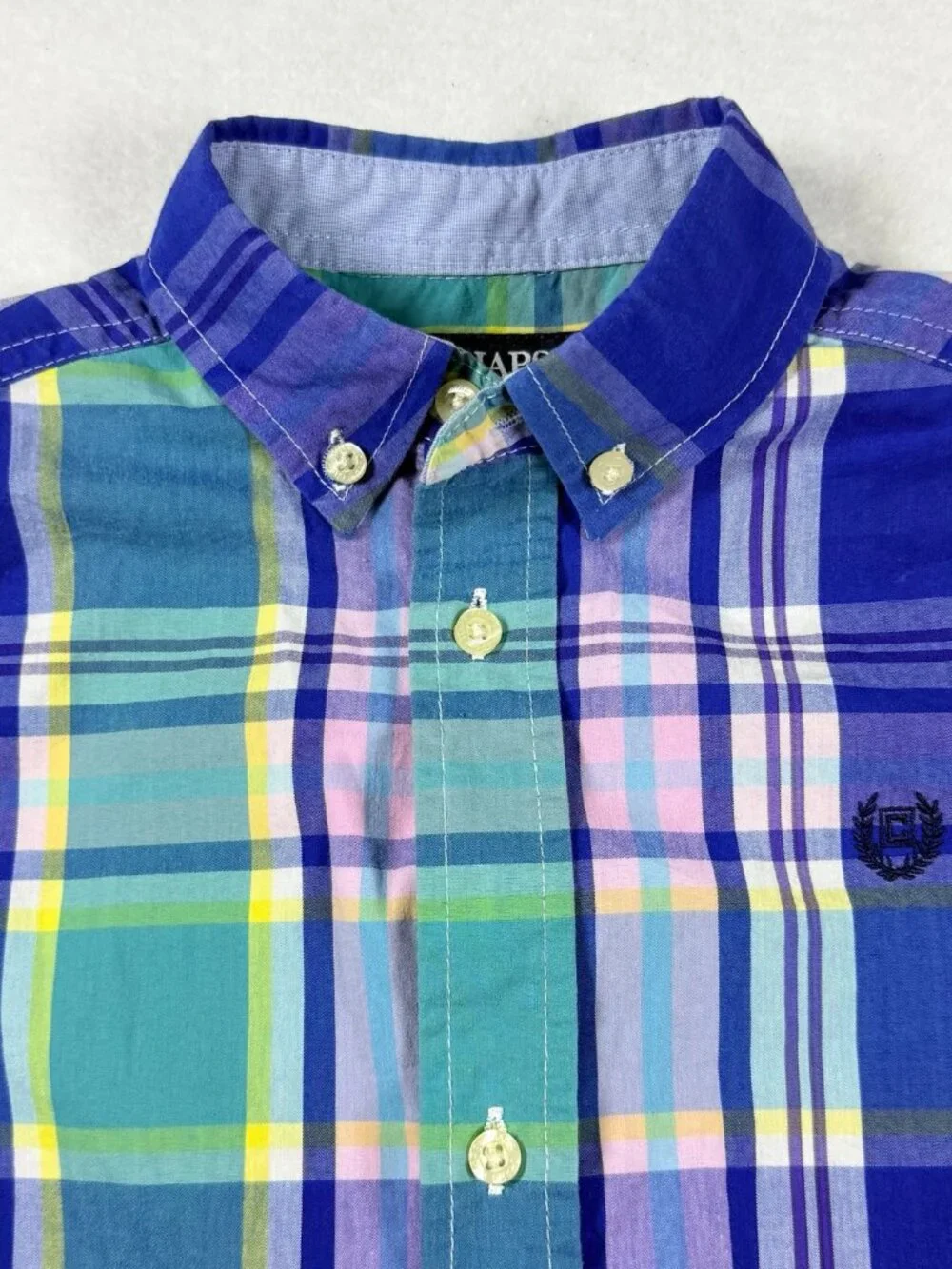 Vintage Style Chaps Boys Plaid Button Down Shirt Blue Preppy Size 7